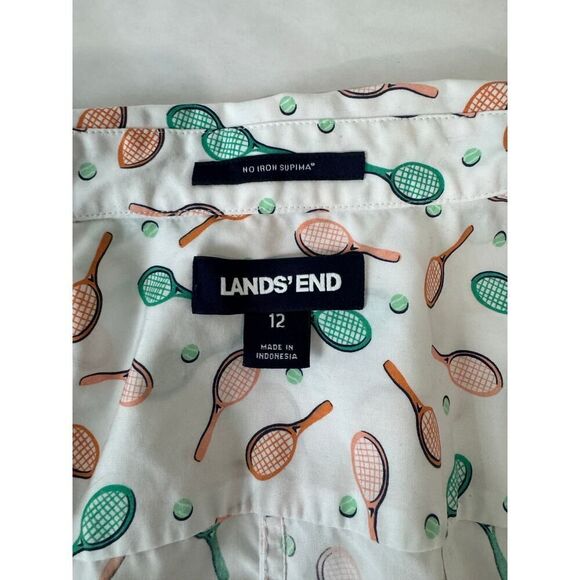 Tennis Racket Print Land’s End Sleeveless Button Shirt Supima Cotton - Size 12 - Picture 7 of 7